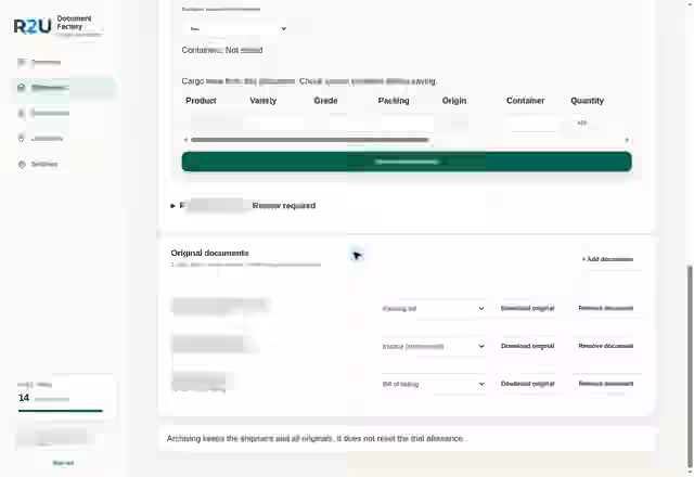Redacted R2U Document Factory interface for reviewing shipment details before preparing a warehouse notice