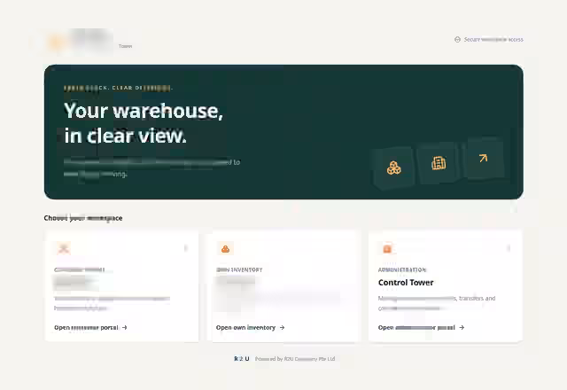 Redacted R2U warehouse inventory interface showing stock grouped by customer and cold room